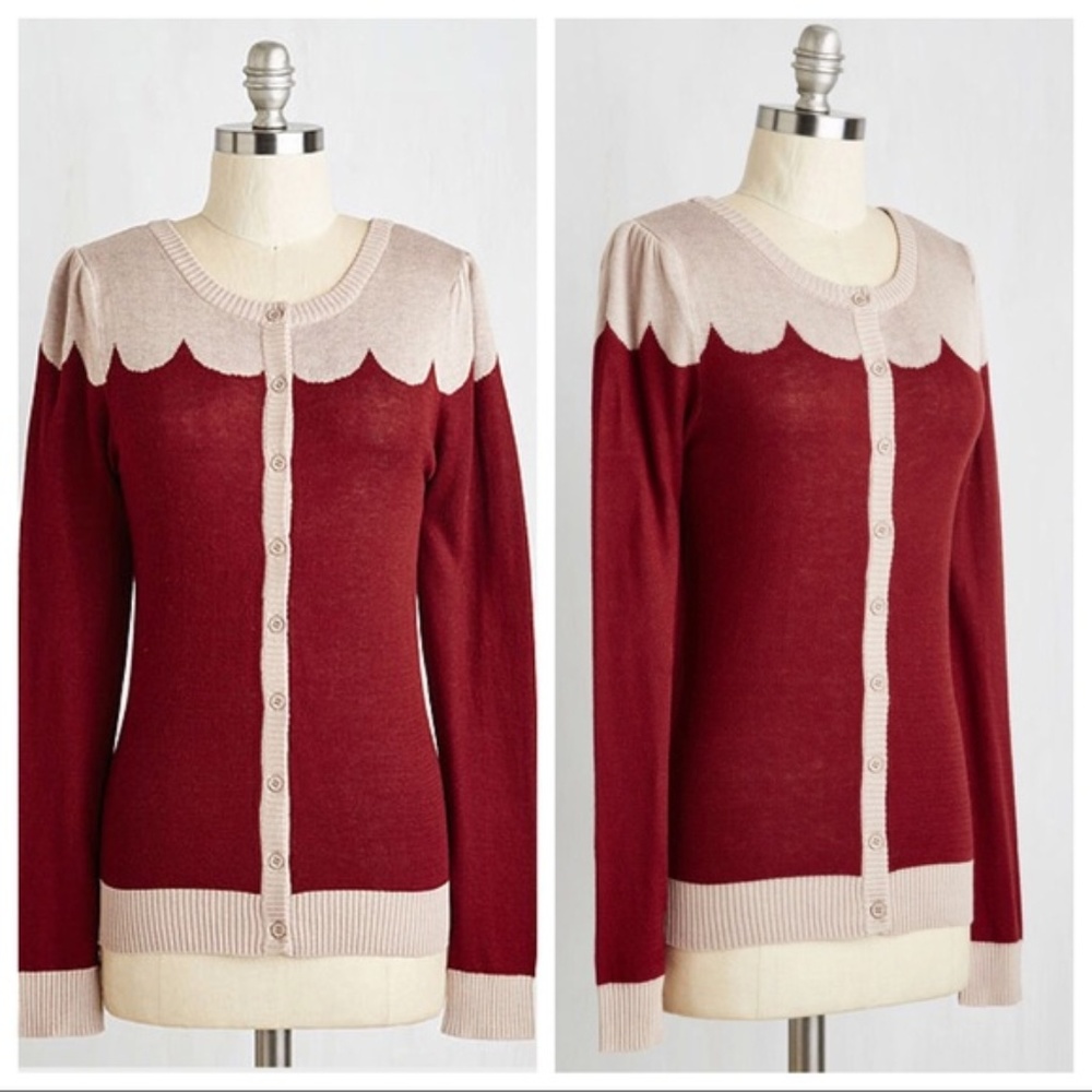 Modcloth Paris Cafe Scalloped Bordeaux Cardigan